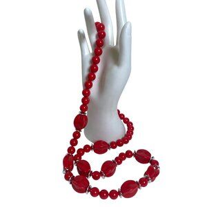 Vintage 80s Cherry Red Lucite Beaded Necklace Long 34" Silver Tone Discs Mod NWT